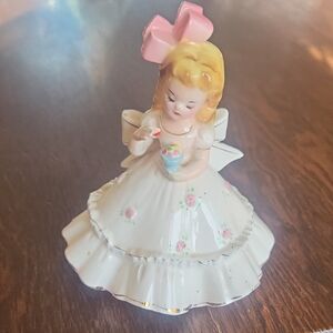 Josef Originals Vintage Handpainted Ceramic Girl Figurine with Pink Bow.